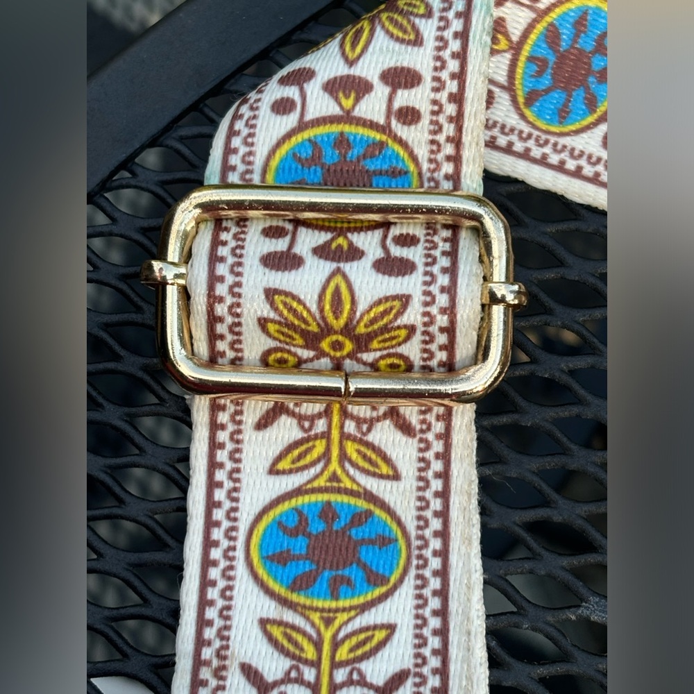 Crossbody Bag Strap In Cream with Blue And Gold. Gold hardware, 2 inches Wide. - Picture 4 of 8